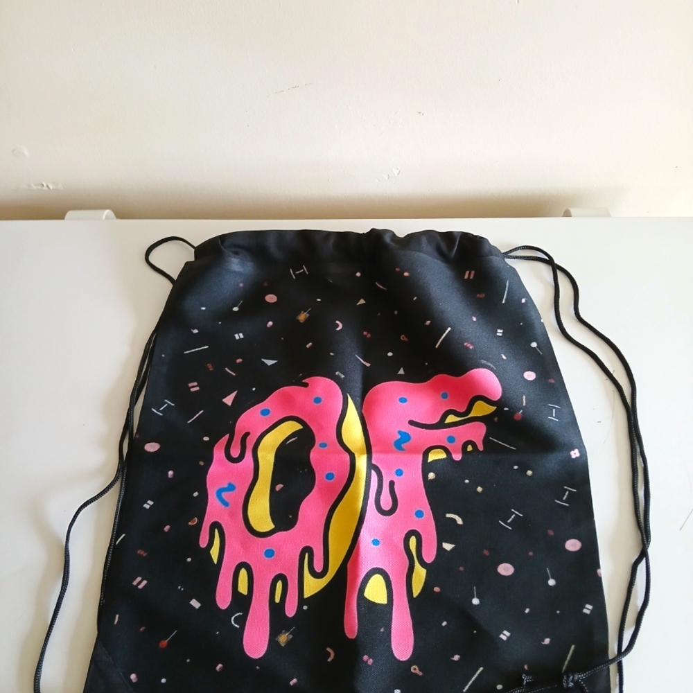 Tyler The Creator Odd Future Black Drawstring Bag with Colorful Dripping Donut